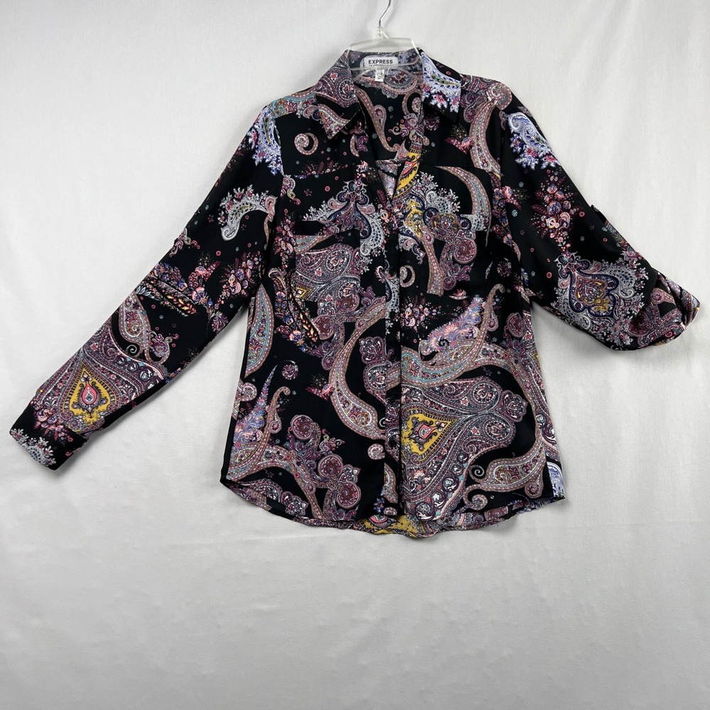 Express Portofino Blouse Womens XS Tunic Paisley Chiffon Top Roll-Tab Business